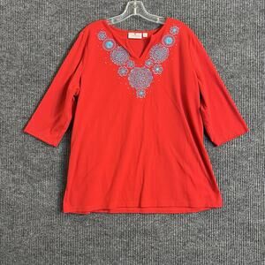 Quacker Factory Womens Shirt Sz XL Red Floral Embroidered Embellished Artsy Boho